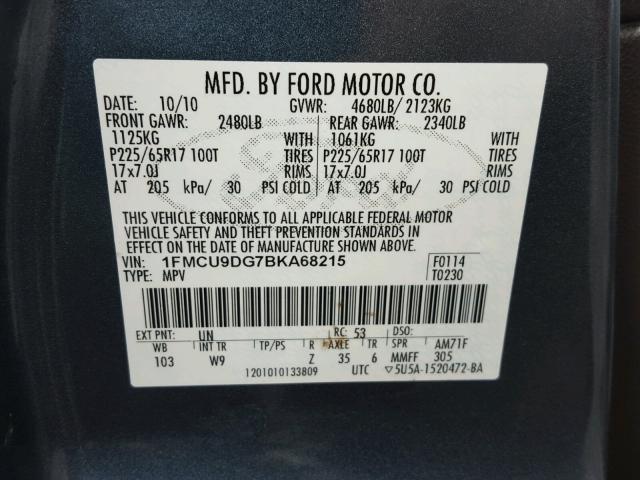 1FMCU9DG7BKA68215 - 2011 FORD ESCAPE XLT BLUE photo 10