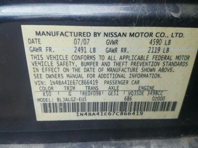 1N4BA41E67C866419 - 2007 NISSAN MAXIMA SE GRAY photo 10