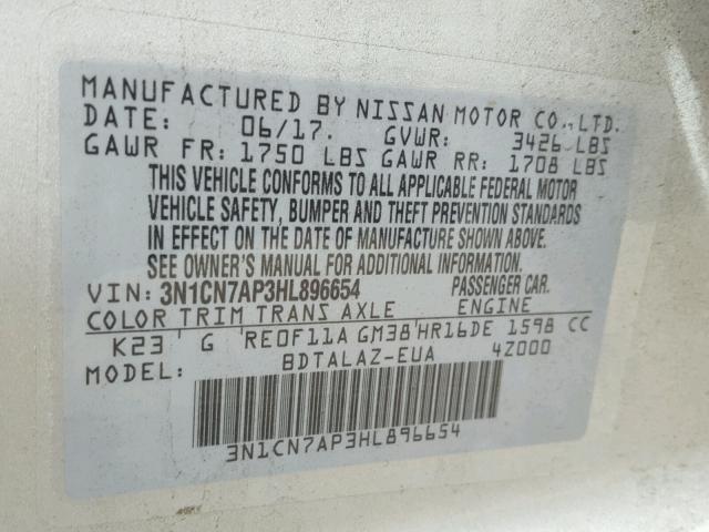 3N1CN7AP3HL896654 - 2017 NISSAN VERSA S SILVER photo 10