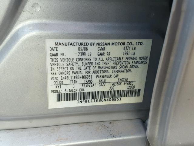 1N4BL11E86N406951 - 2006 NISSAN ALTIMA SE SILVER photo 10