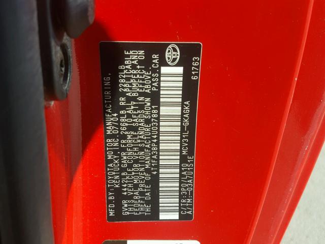 4T1FA38P44U037881 - 2004 TOYOTA CAMRY SOLA RED photo 10