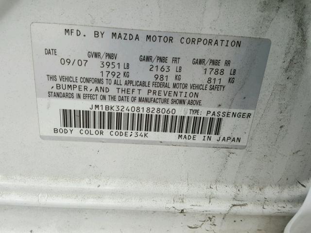 JM1BK324081828060 - 2008 MAZDA 3 S WHITE photo 10