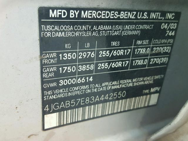 4JGAB57E83A442550 - 2003 MERCEDES-BENZ ML 350 SILVER photo 10