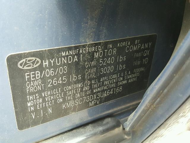 KM8SC73DX3U464168 - 2003 HYUNDAI SANTA FE G BLUE photo 10