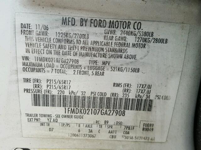 1FMDK02107GA27908 - 2007 FORD FREESTYLE WHITE photo 10