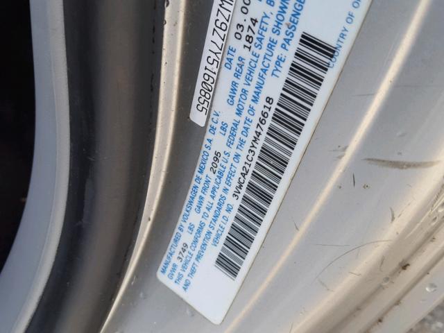 3VWCA21C3YM476618 - 2000 VOLKSWAGEN NEW BEETLE 银色 照片 10