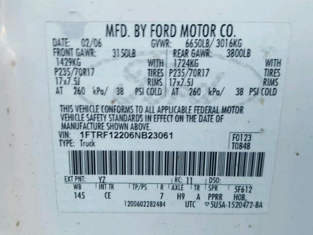 1FTRF12206NB23061 - 2006 FORD F150 WHITE photo 10