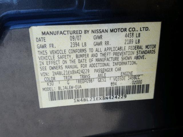 1N4BL21EX8N424229 - 2008 NISSAN ALTIMA 3.5 GRAY photo 10