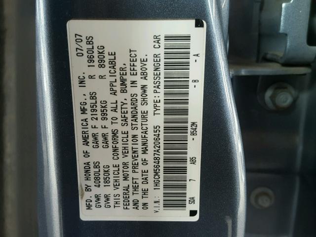 1HGCM56487A206455 - 2007 HONDA ACCORD LX BLUE photo 10