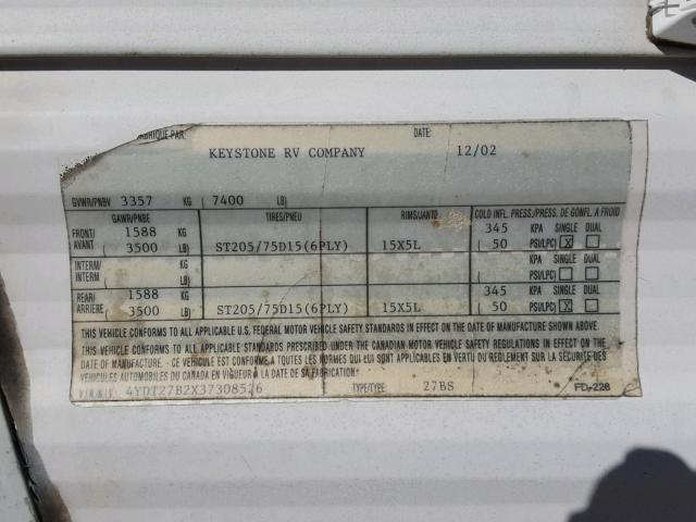 4YDT27B2X37308526 - 2003 KEYSTONE HORNET WHITE photo 10