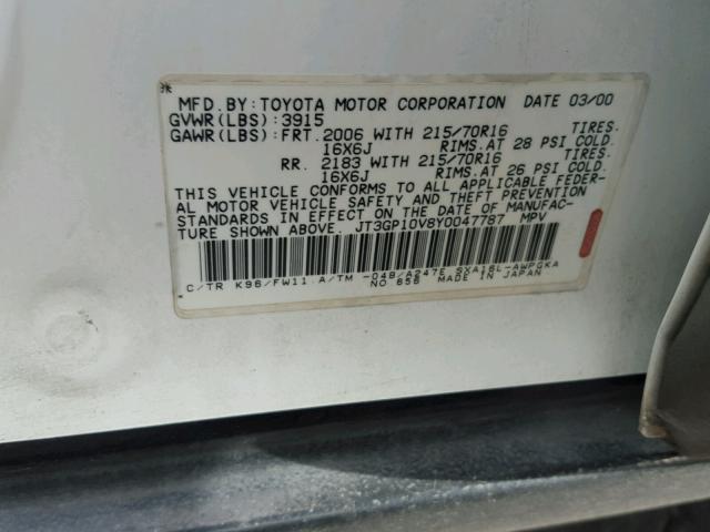 JT3GP10V8Y0047787 - 2000 TOYOTA RAV4 WHITE photo 10