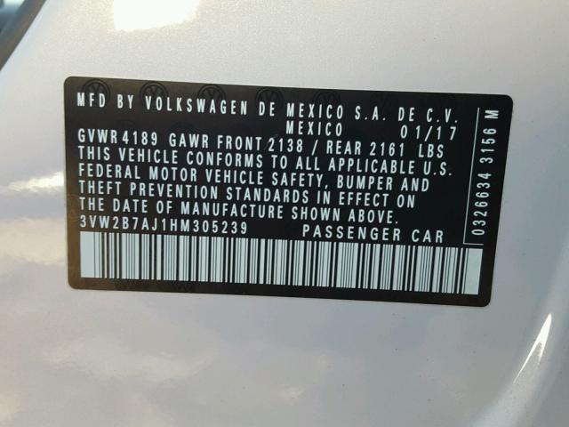 3VW2B7AJ1HM305239 - 2017 VOLKSWAGEN JETTA S 白色 照片 10