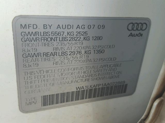 WA1LKAFP1AA022869 - 2010 AUDI Q5 PREMIUM WHITE photo 10