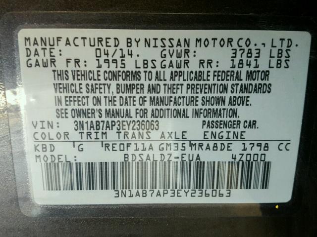 3N1AB7AP3EY236063 - 2014 NISSAN SENTRA S CHARCOAL photo 10