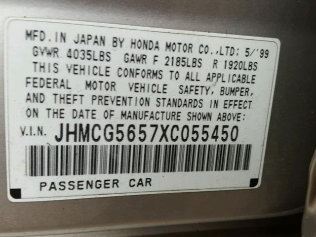 JHMCG5657XC055450 - 1999 HONDA ACCORD EX SILVER photo 10