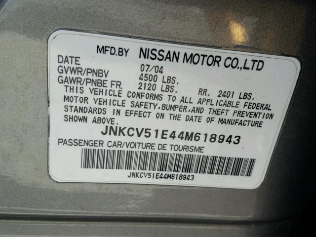 JNKCV51E44M618943 - 2004 INFINITI G35 GRAY photo 10