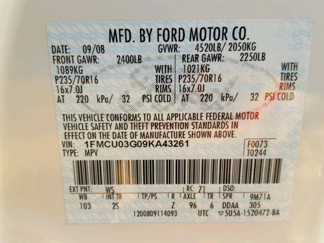 1FMCU03G09KA43261 - 2009 FORD ESCAPE XLT WHITE photo 10