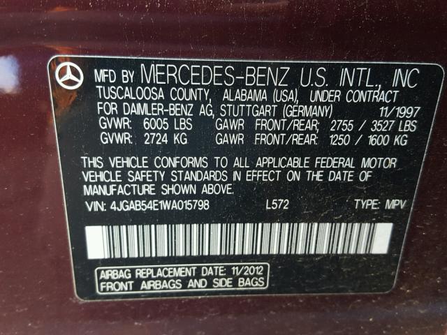 4JGAB54E1WA015798 - 1998 MERCEDES-BENZ ML 320 BURGUNDY photo 10