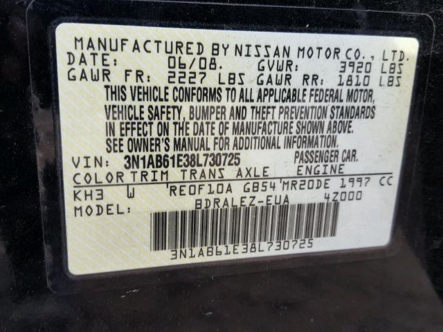 3N1AB61E38L730725 - 2008 NISSAN SENTRA 2.0 BLACK photo 10