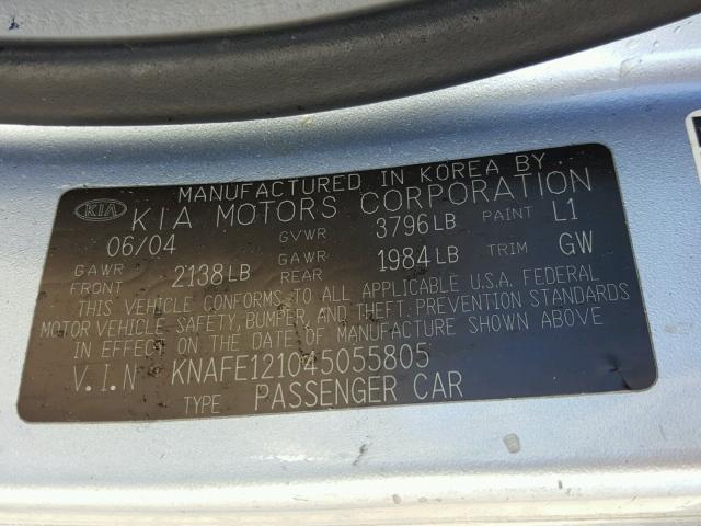 KNAFE121045055805 - 2004 KIA NEW SPECTR BLUE photo 10