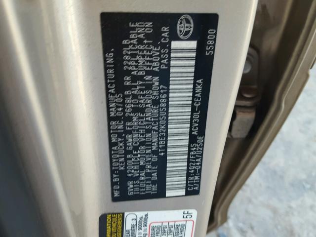4T1BE32K05U588617 - 2005 TOYOTA CAMRY LE 金色 照片 10