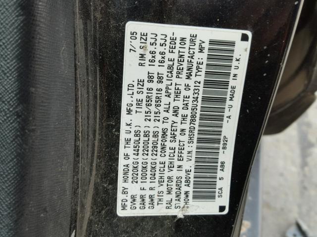 SHSRD78805U343312 - 2005 HONDA CR-V EX შავი ფოტო 10