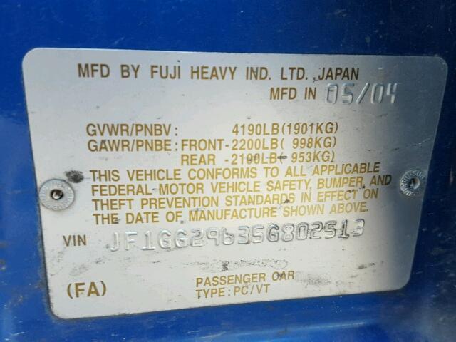 JF1GG29635G802513 - 2005 SUBARU IMPREZA WR BLUE photo 10