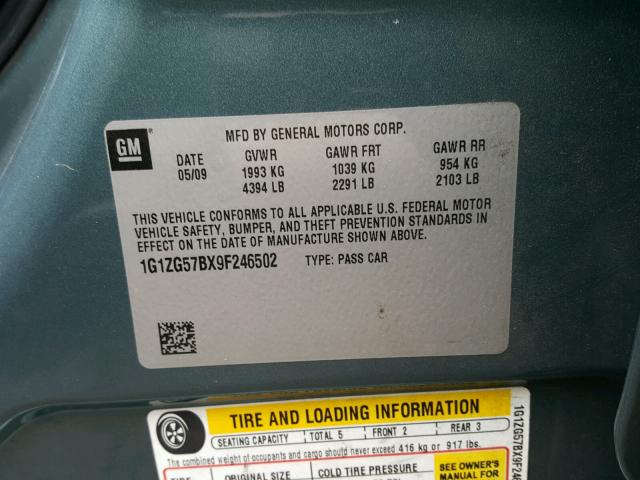 1G1ZG57BX9F246502 - 2009 CHEVROLET MALIBU LS ლურჯი ფოტო 10