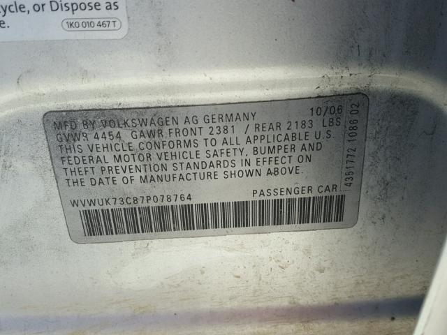 WVWUK73C87P078764 - 2007 VOLKSWAGEN PASSAT SILVER photo 10