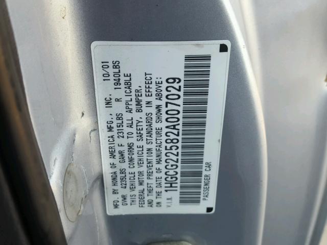 1HGCG22582A007029 - 2002 HONDA ACCORD EX GRAY photo 10