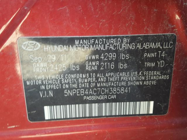 5NPEB4AC7CH385841 - 2012 HYUNDAI SONATA GLS RED photo 10