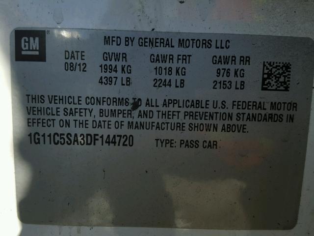 1G11C5SA3DF144720 - 2013 CHEVROLET MALIBU 1LT 白色 照片 10