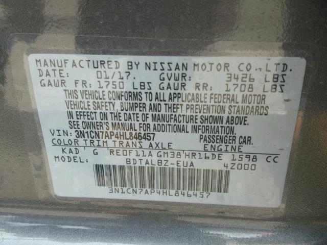 3N1CN7AP4HL846457 - 2017 NISSAN VERSA S CHARCOAL photo 10