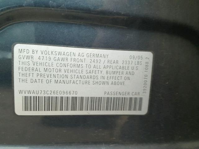 WVWAU73C26E096670 - 2006 VOLKSWAGEN PASSAT BLUE photo 10