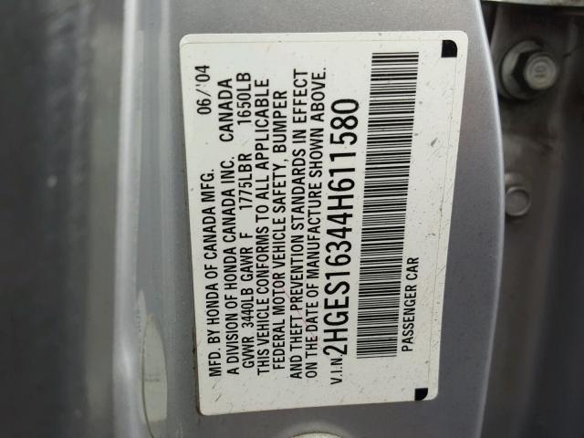 2HGES16344H611580 - 2004 HONDA CIVIC DX V GRAY photo 10