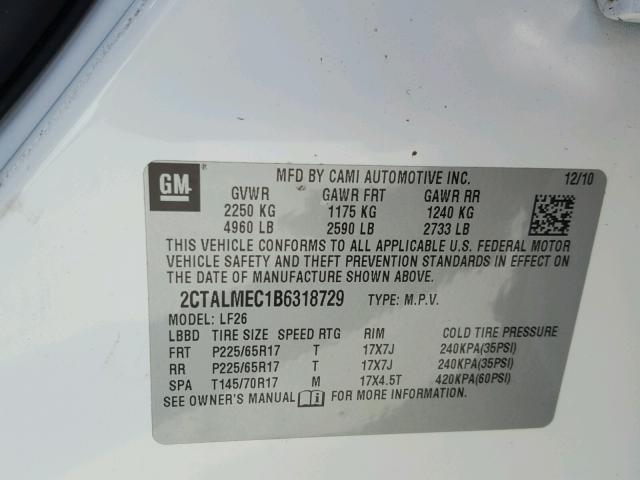 2CTALMEC1B6318729 - 2011 GMC TERRAIN SL WHITE photo 10