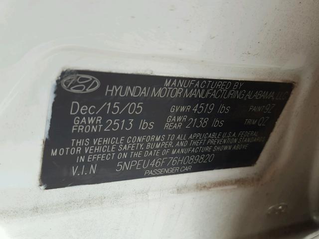 5NPEU46F76H089820 - 2006 HYUNDAI SONATA GLS WHITE photo 10