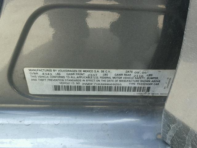 3VWDF71K66M669255 - 2006 VOLKSWAGEN JETTA 2.5L GRAY photo 10