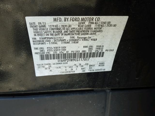 1FAHP2FW9CG117017 - 2012 FORD TAURUS LIM BLACK photo 10