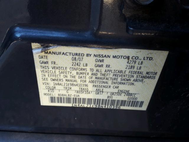 1N4AL21E98N410396 - 2008 NISSAN ALTIMA 2.5 GRAY photo 10