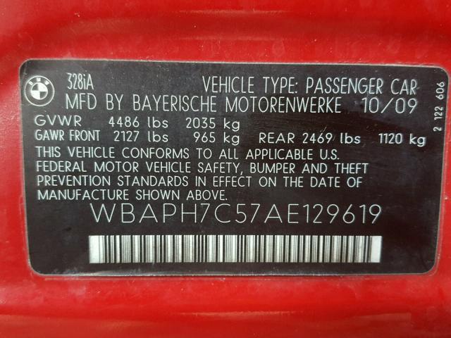 WBAPH7C57AE129619 - 2010 BMW 328 I RED photo 10