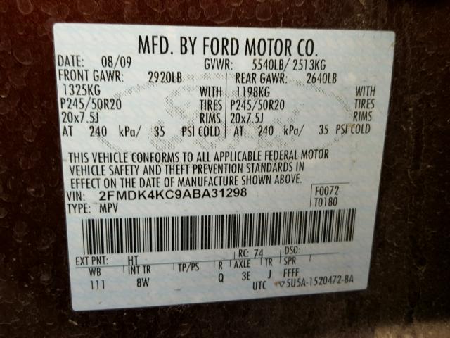 2FMDK4KC9ABA31298 - 2010 FORD EDGE LIMIT BURGUNDY photo 10