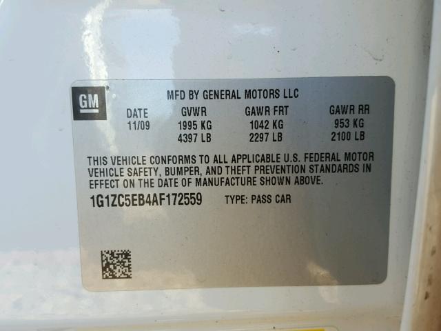 1G1ZC5EB4AF172559 - 2010 CHEVROLET MALIBU 1LT 白色 照片 10