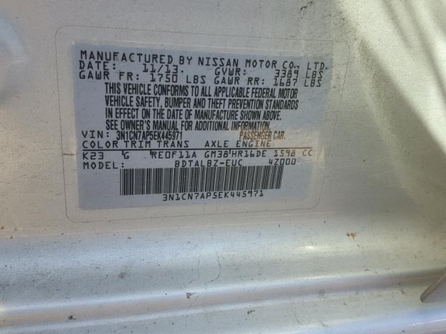 3N1CN7AP5EK445971 - 2014 NISSAN VERSA S SILVER photo 10