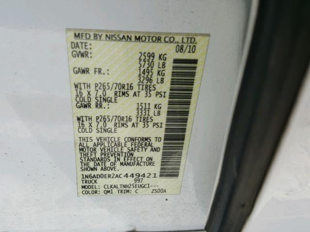 1N6AD0ER2AC449421 - 2010 NISSAN FRONTIER C WHITE photo 10