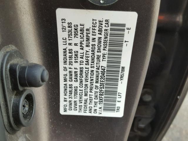 19XFB2F53EE204647 - 2014 HONDA CIVIC LX GRAY photo 10