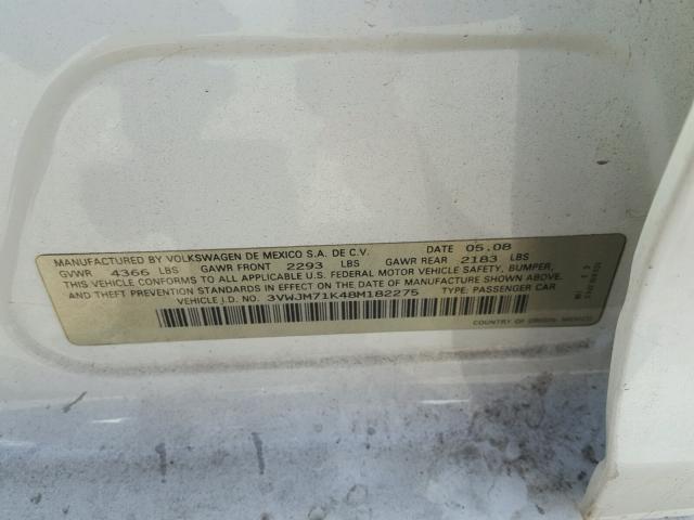 3VWJM71K48M182275 - 2008 VOLKSWAGEN JETTA S 白色 照片 10