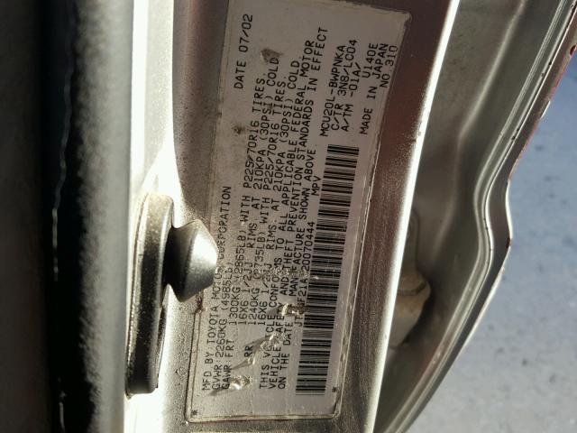 JTEGF21A120070444 - 2002 TOYOTA HIGHLANDER SILVER photo 10