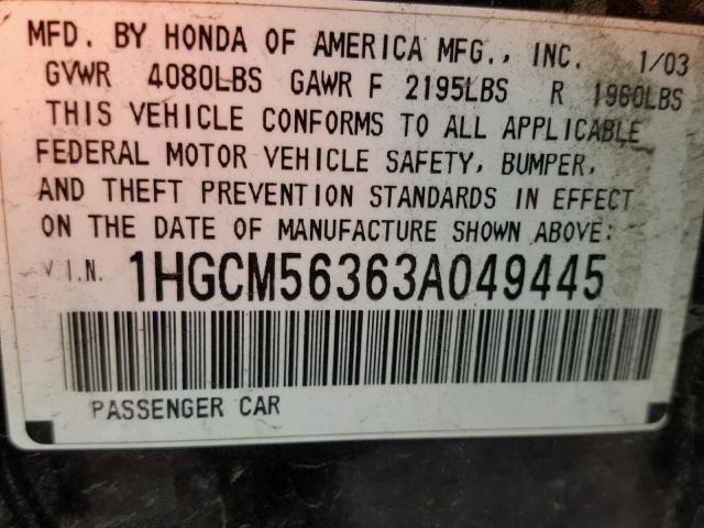 1HGCM56363A049445 - 2003 HONDA ACCORD LX BLACK photo 10