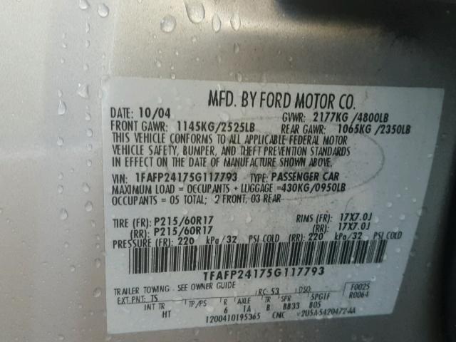 1FAFP24175G117793 - 2005 FORD FIVE HUNDR SILVER photo 10